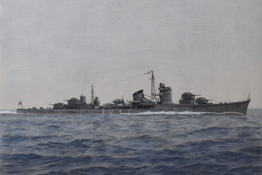 acrylic_paint_(medium), akizuki_(destroyer), atelier_bono, cannon, destroyer, flag, highres, imperial_japanese_navy