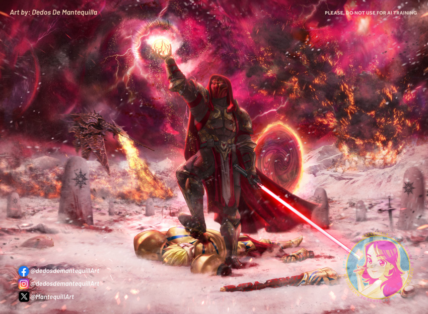 1other, 2boys, after_battle, arm_above_head, armor, artist_logo, artist_name, battle_damage