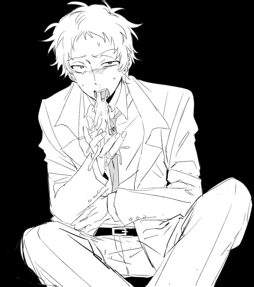 1boy, adachi_rwcc, adachi_tooru, black_background, blush, business_suit, highres, holding_own_stomach, looking_at_viewer, male_focus, monochrome, persona, persona_4, sitting, suit, sweat, tearing_up, vomit, vomiting