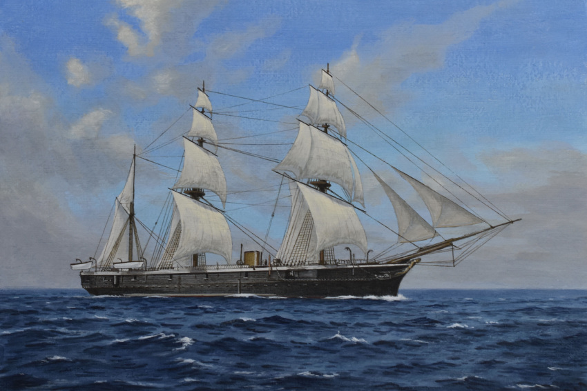 absurdres, acrylic_paint_(medium), atelier_bono, clouds, highres, imperial_japanese_navy, ironclad, kongou_(ironclad), mast, military_vehicle, no_humans, ocean, original, painting_(medium), sail, sailing_ship, ship, sky, smokestack, traditional_media, vehicle_focus, warship, watercraft