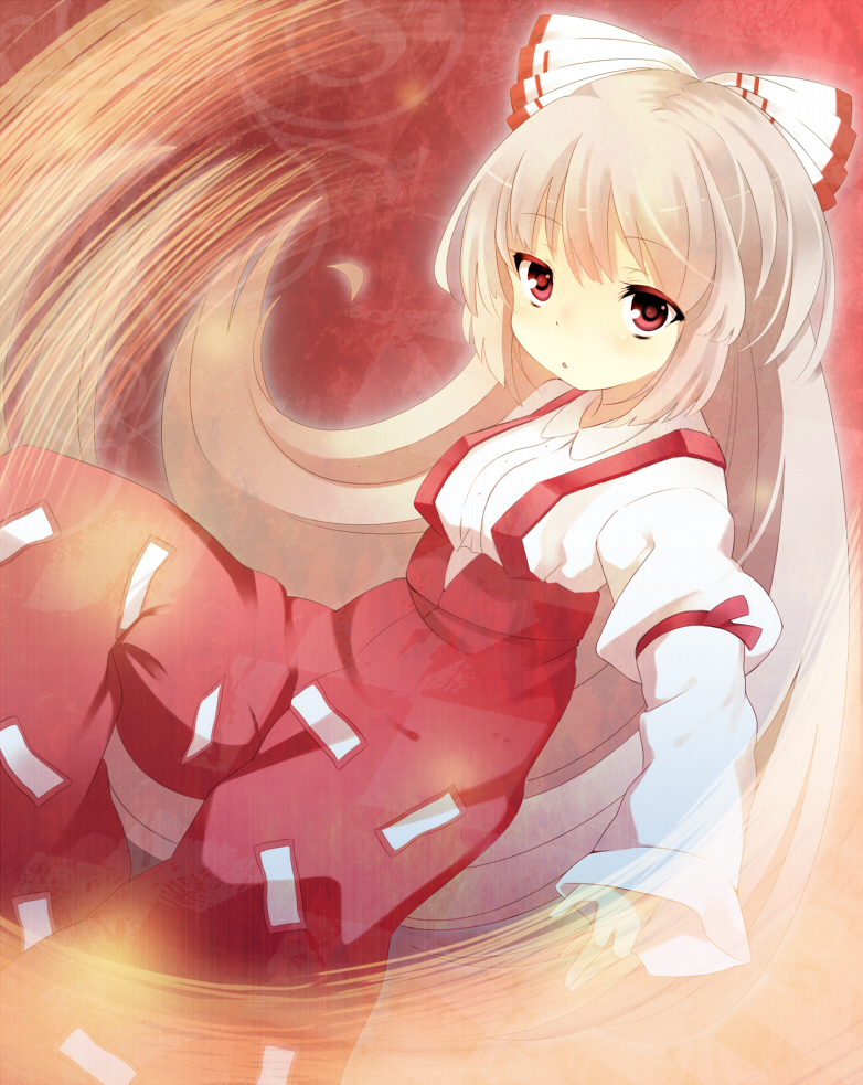 bad_id, bow, fire, fujiwara_no_mokou, furumun, hair_bow, long_hair, pants