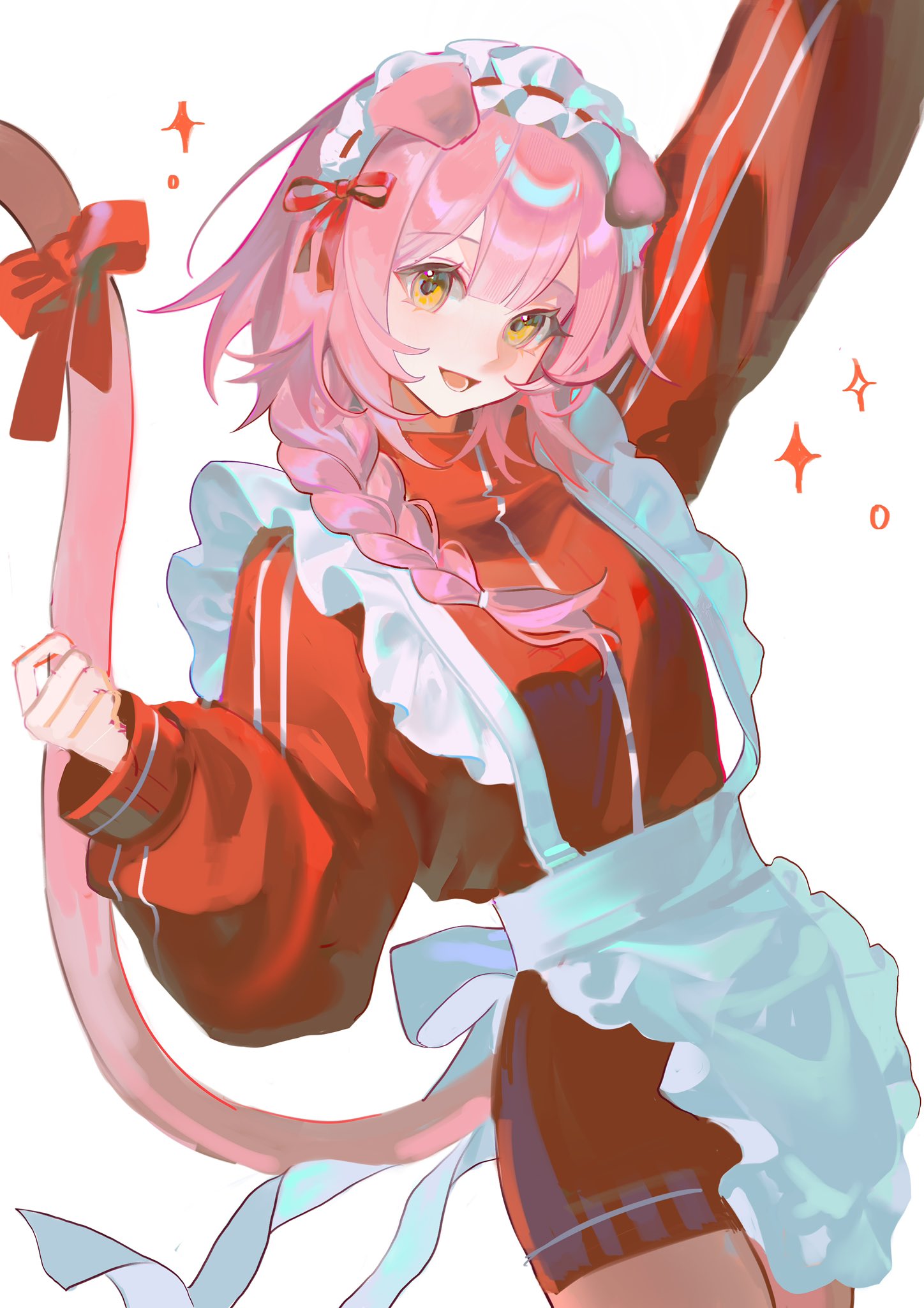 1girl, :d, alternate_costume, animal_ears, apron, arknights, bow, braid