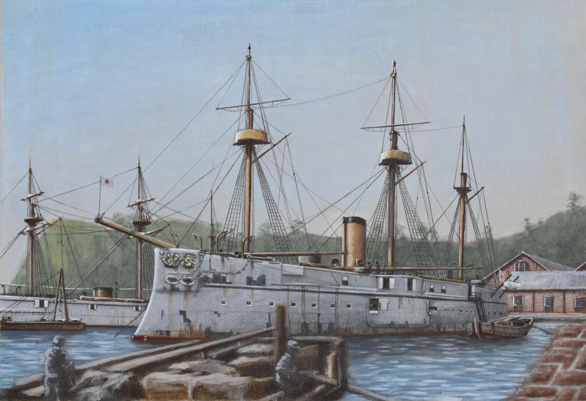 2boys, absurdres, acrylic_paint_(medium), atelier_bono, boat, cliff, dock, fusou_(ironclad), highres, imperial_japanese_navy, ironclad, japanese_flag, mast, military_vehicle, multiple_boys, original, painting_(medium), ship, smokestack, traditional_media, vehicle_focus, warehouse, warship, watercraft