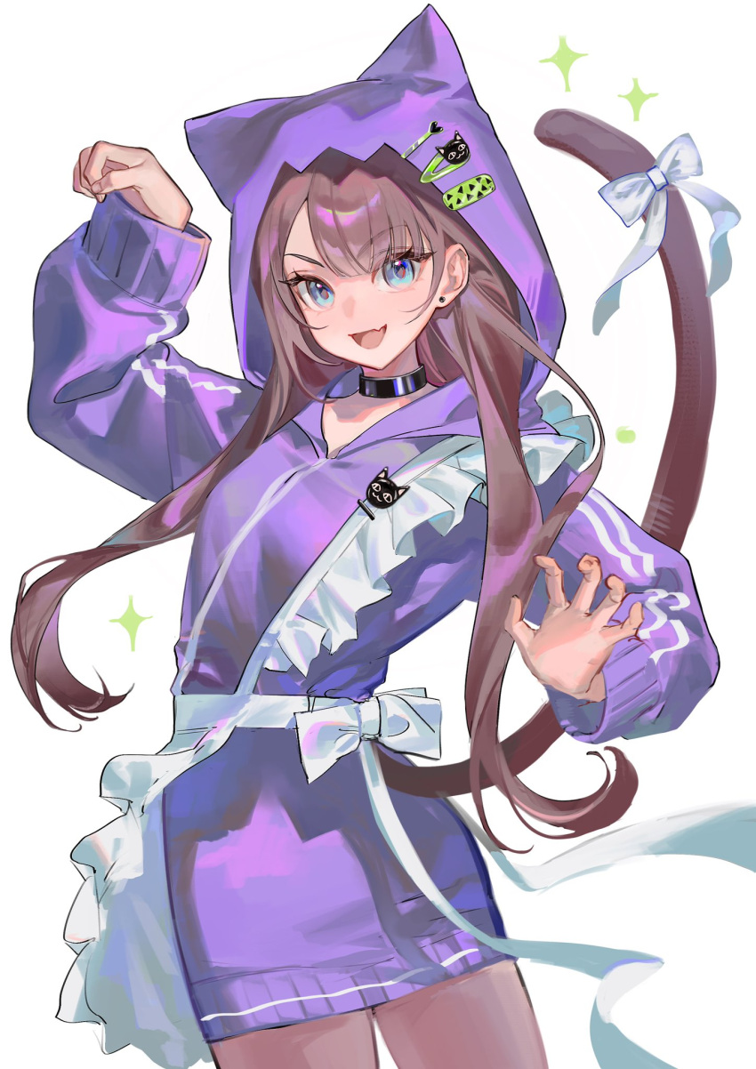 1girl, :d, alternate_costume, animal_hood, apron, arknights, black_choker, blue_eyes