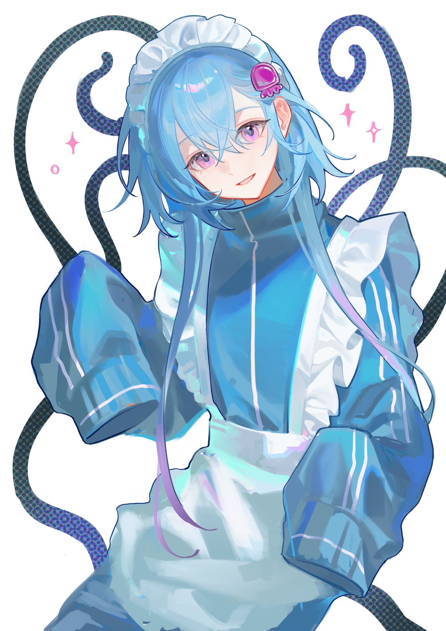 1boy, :d, alternate_costume, apron, arknights, blue_hair, blue_jacket, frilled_apron