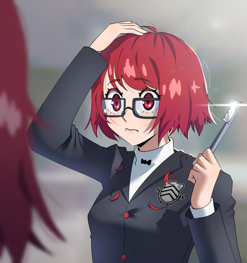 1girl, absurdres, alternate_hair_length, alternate_hairstyle, black-framed_eyewear, black_jacket, buttons, closed_mouth