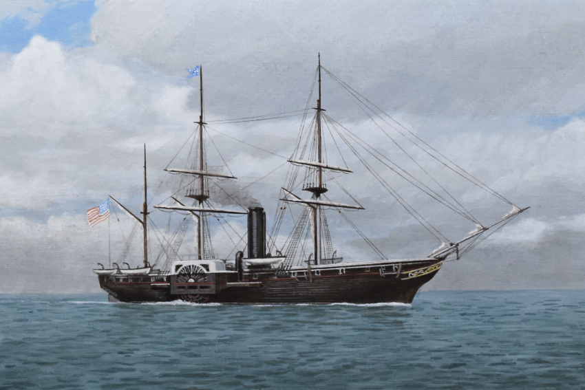 acrylic_paint_(medium), american_flag, atelier_bono, clouds, cloudy_sky, frigate, highres, mast