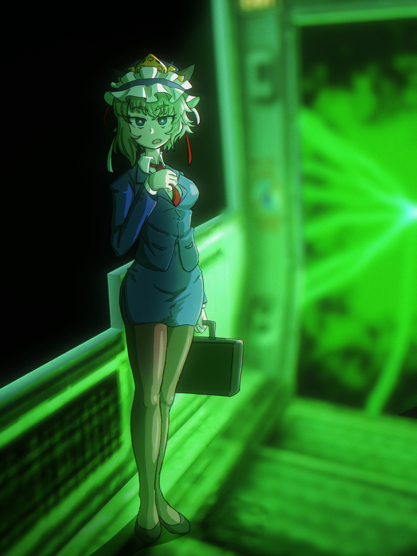 absurdres, asymmetrical_hair, black_pantyhose, blue_jacket, blue_sky, breasts, commentary, cosplay, english_commentary, full_body, g-man, g-man_(cosplay), green_eyes, green_hair, half-life_(series), highres, jacket, looking_at_viewer, necktie, open_mouth, pantyhose, portal_(object), red_necktie, shiki_eiki, short_hair, sky, sleepymoon, standing, suitcase, touhou