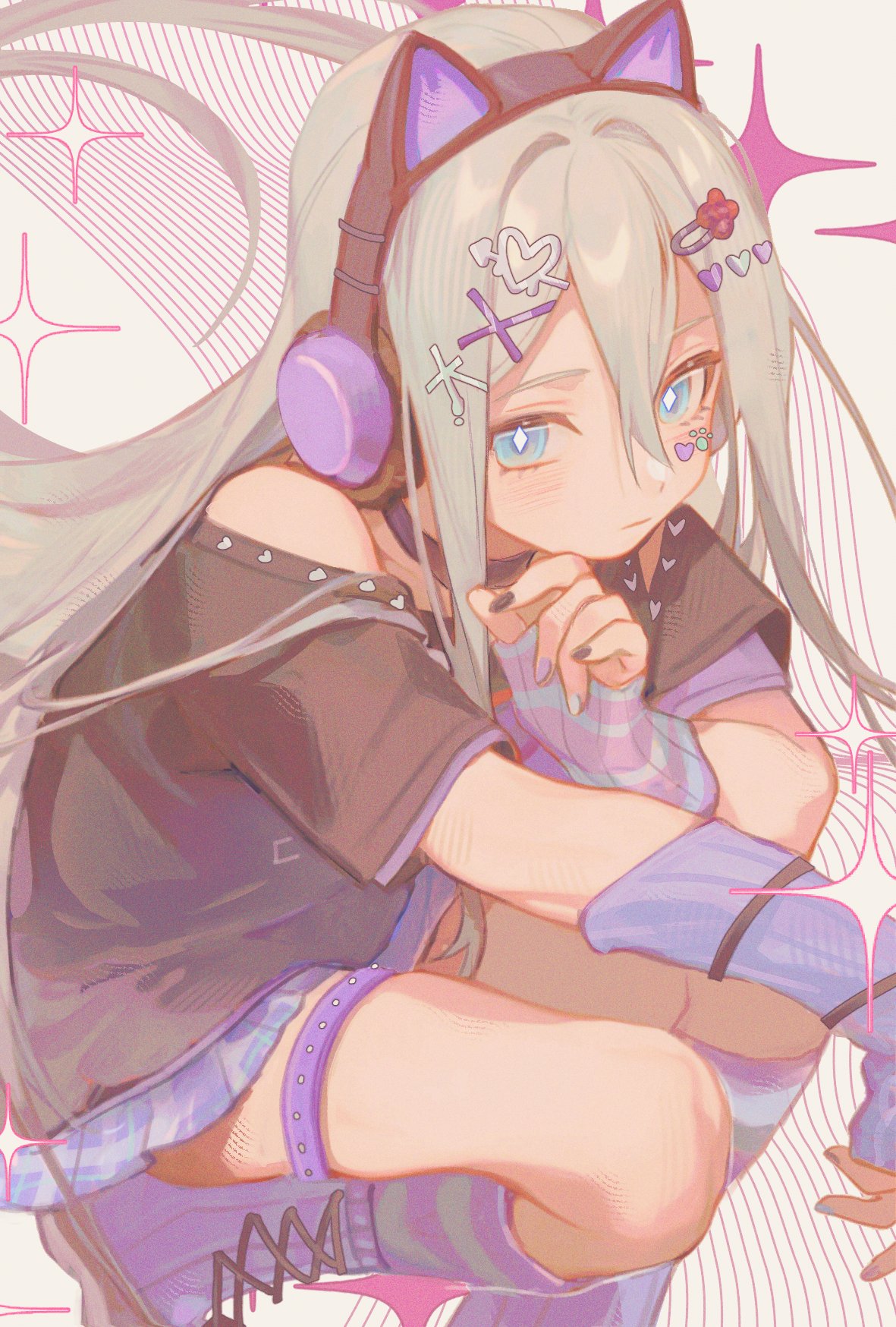 1girl, animal_ear_headphones, animal_ears, arm_warmers, black_shirt, blue_eyes, cat_ear_headphones, choker