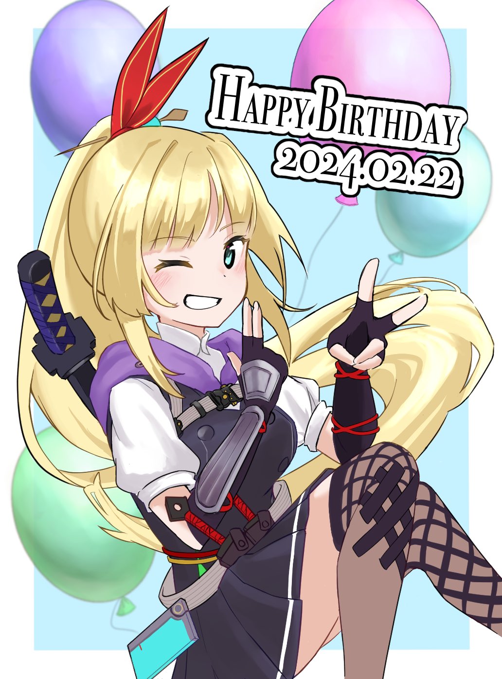 1girl, aqua_eyes, balloon, blonde_hair, breasts, fishnets, hair_ornament, hair_stick