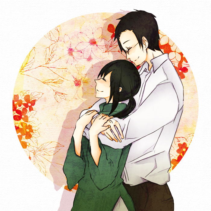 1girl, axis_powers_hetalia, black_hair, closed_eyes, couple, eyes_closed, glasses, hug