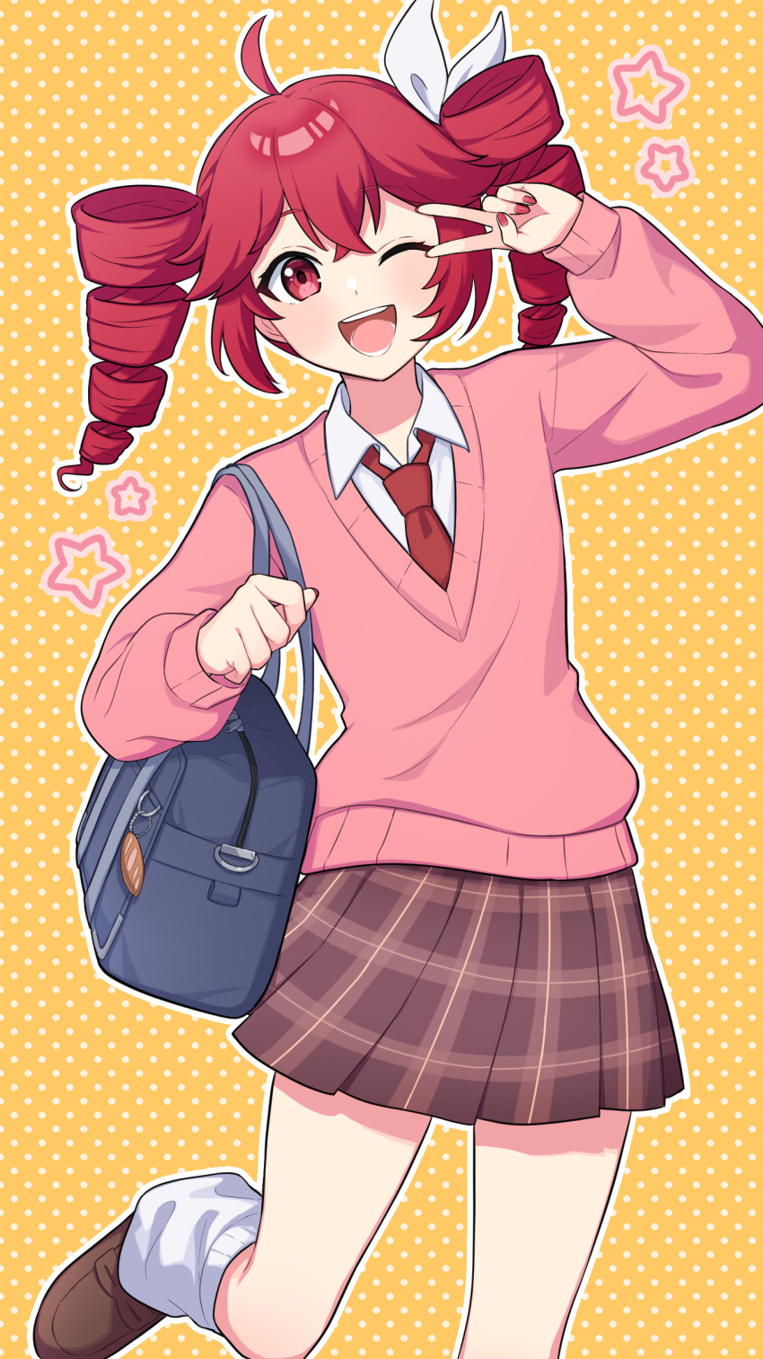 1girl, ;d, absurdres, ahoge, bag, brown_shoes, brown_skirt, collared_shirt