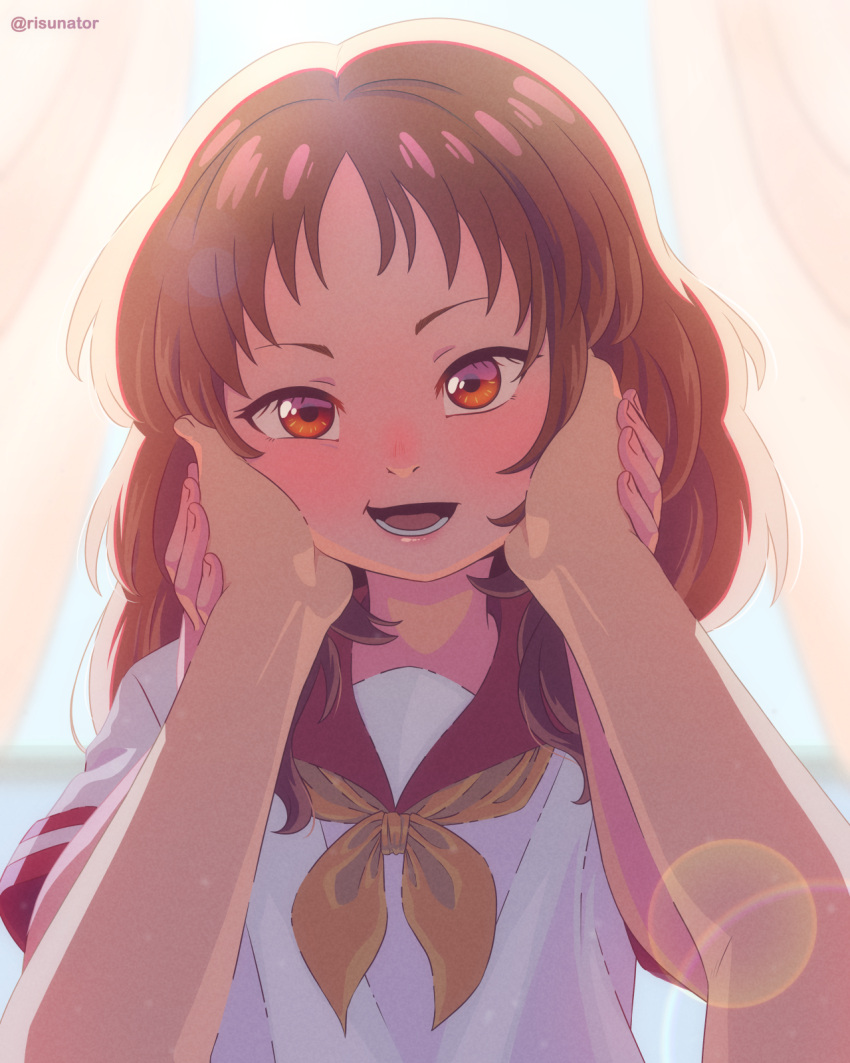 1girl, blush, brown_eyes, brown_hair, commentary_request, curtains, hands_on_another's_cheeks, hands_on_another's_face