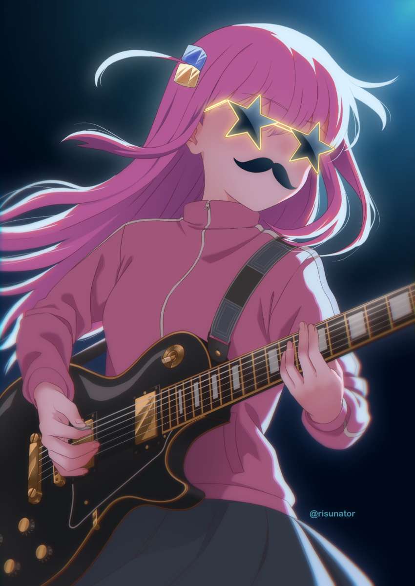 1girl, bocchi_the_rock!, closed_mouth, cowgirl_position, cube_hair_ornament, fake_facial_hair, fake_mustache, glasses