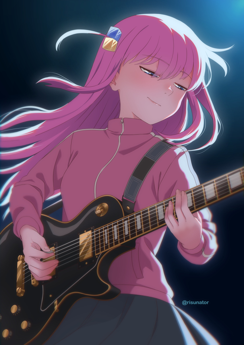 1girl, bocchi_the_rock!, closed_mouth, cowgirl_position, cube_hair_ornament, gotoh_hitori, grey_skirt, guitar
