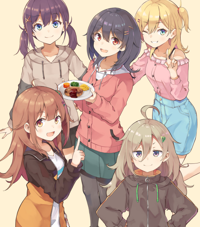 5girls, :d, ;d, ahoge, aqua_shorts, artist_request, black_hair, blonde_hair