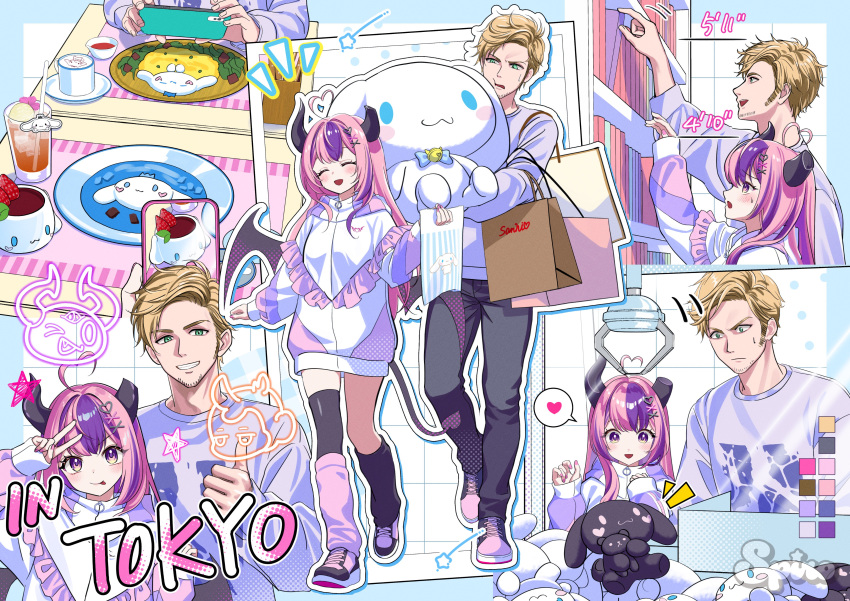 1boy, 1girl, :p, absurdres, ahoge, artist_name, bag, black_horns