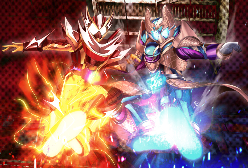 2boys, absurdres, blue_eyes, bodysuit, brown_armor, flying_kick, full_body, glowing, glowing_eyes, highres, kamen_rider, kamen_rider_gavv, kamen_rider_gavv_(blizzardsorbet_form), kamen_rider_gavv_(series), kamen_rider_valen, kamen_rider_valen_frappe_custom, kicking, male_focus, multiple_boys, otokamu, purple_bodysuit, red_eyes, reiei_8, rider_kick, tokusatsu