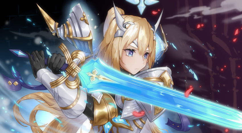 1girl, absurdres, armor, black_gloves, blonde_hair, blue_eyes, floating_headgear, forehead_protector