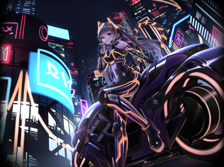 1girl, absurdres, black_gloves, black_hair, breasts, building, covered_navel, cup