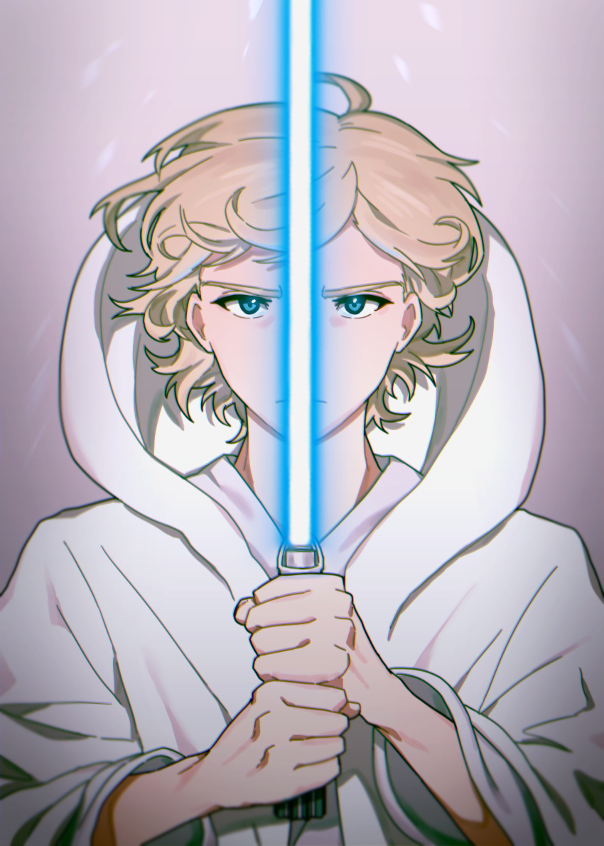 1boy, absurdres, blonde_hair, blue_eyes, blue_lightsaber, closed_mouth, commentary, energy_sword