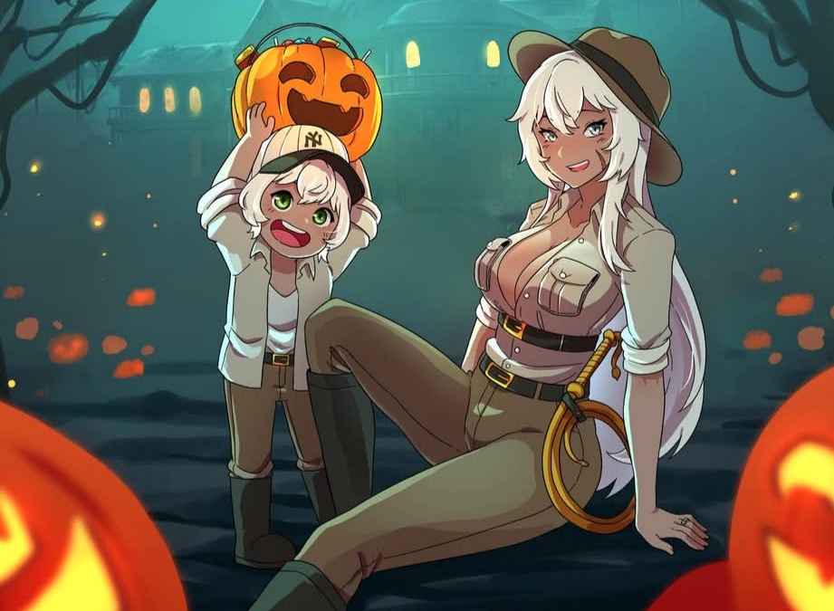 azur_lane, halloween, indiana_(azur_lane), long_hair, mother_and_daughter, multiple_girls, original_character, short_hair