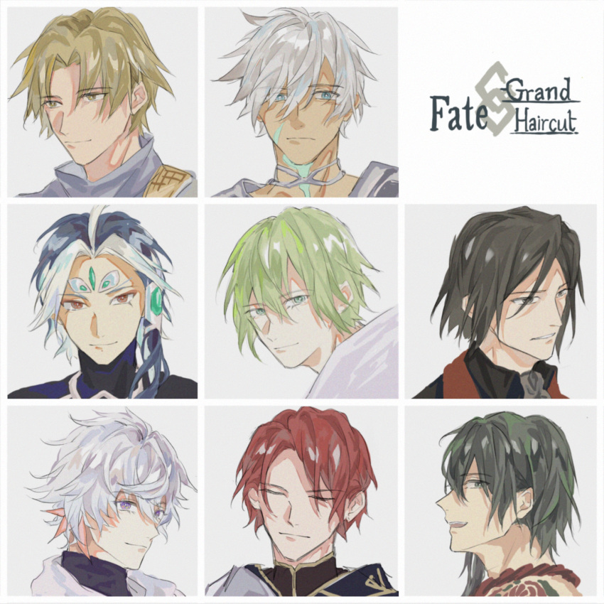 6+boys, ahoge, alternate_hair_length, alternate_hairstyle, black_eyes, black_hair, blonde_hair, blue_eyes