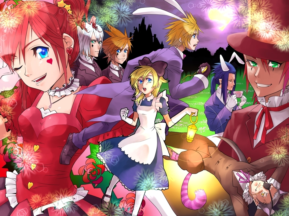 alice_(wonderland)_(cosplay), alice_in_wonderland, animal_ears, apron, axel, bad_id, banana_gyuunyuu, blonde_hair