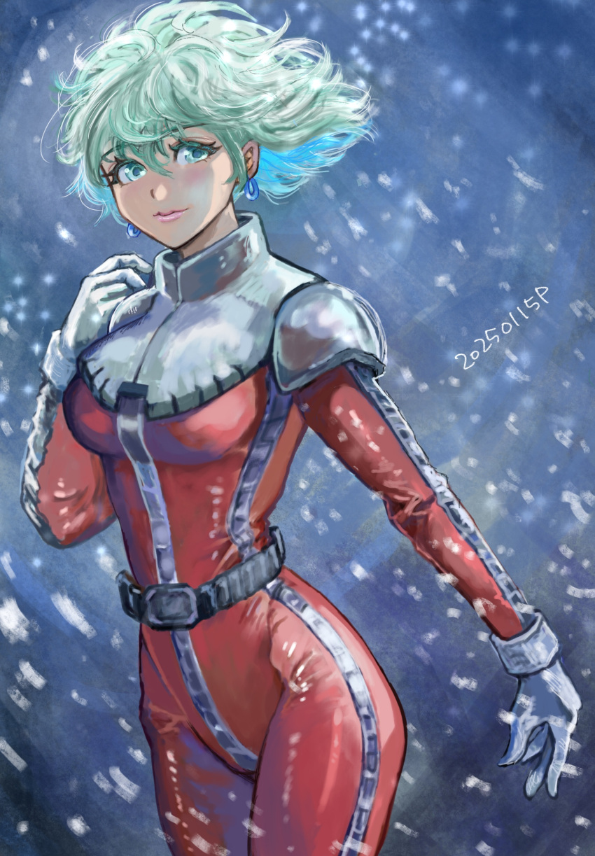 1girl, aina_saharin, blonde_hair, blue_eyes, bodysuit, cropped_legs, earrings, gundam