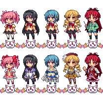 kaname_madoka, kyubey, lowres, mahou_shoujo_madoka_magica, miki_sayaka, niino, pixel_art, sakura_kyouko