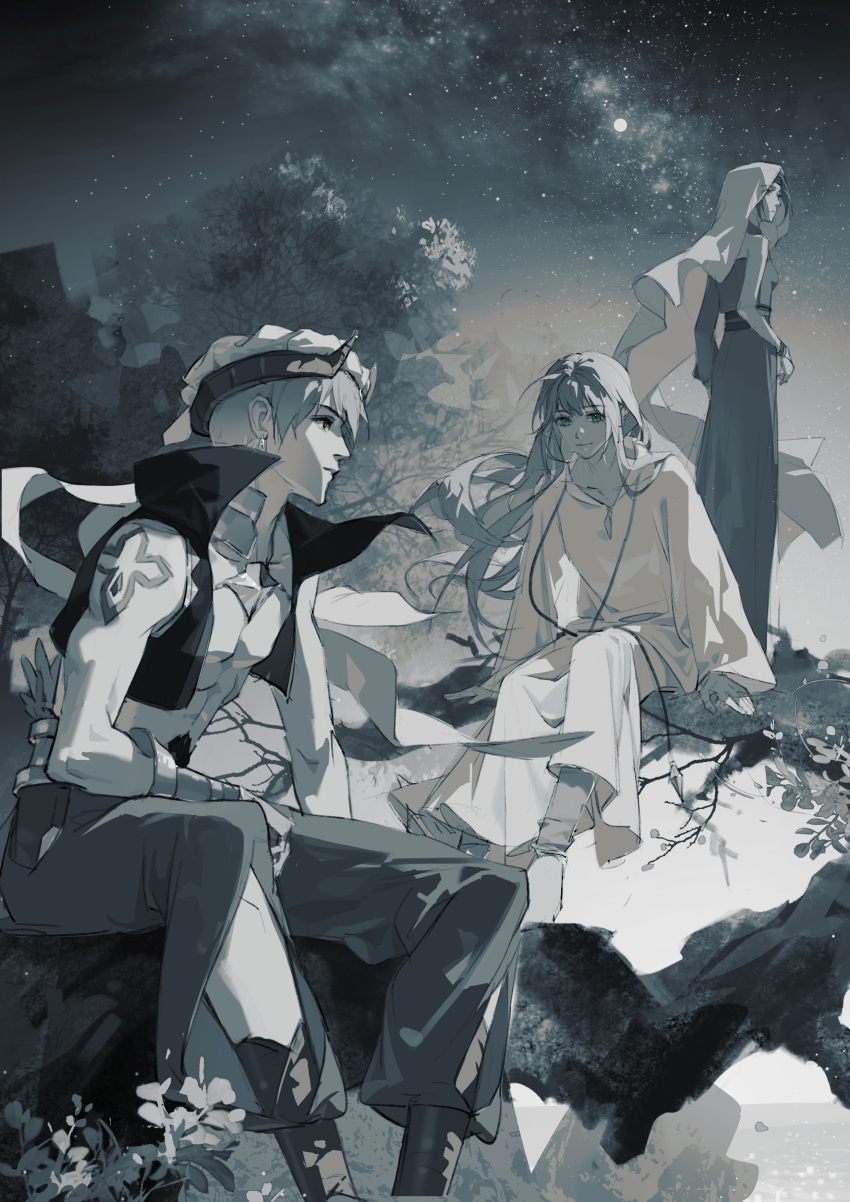 1boy, 1girl, 1other, absurdres, androgynous, arabian_clothes, bracer, chinese_commentary