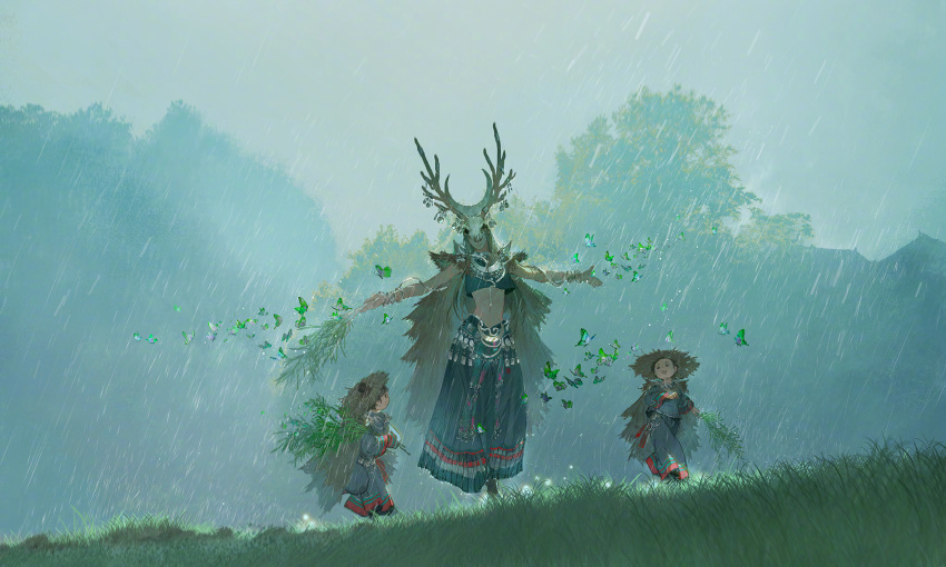 3girls, age_difference, antlers, bug, butterfly, child, crop_top, grass