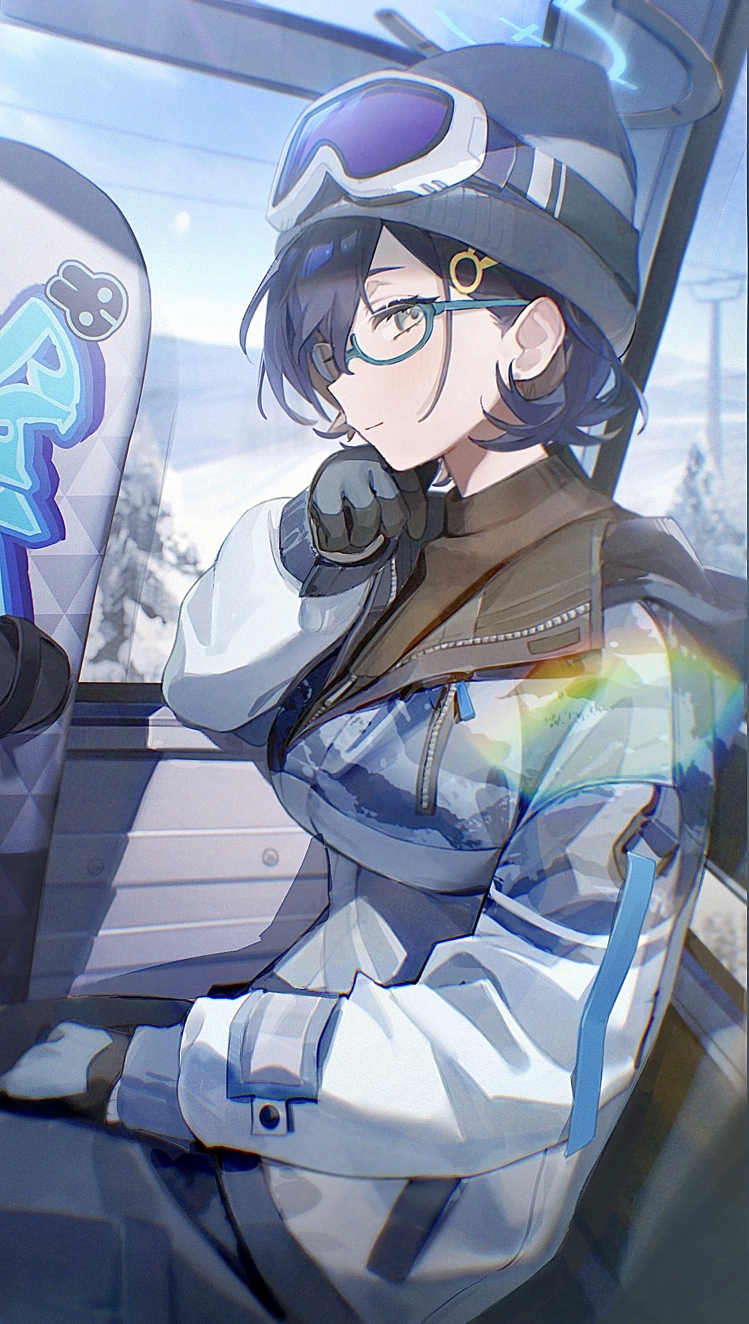1girl, absurdres, alternate_costume, black_hat, blue-framed_eyewear, blue_archive, blue_eyes, blue_hair, blush, brown_sweater, chihiro_(blue_archive), closed_mouth, flatshi, glasses, gloves, goggles, goggles_on_head, hair_behind_ear, hair_between_eyes, hand_on_own_chin, hat, highres, jacket, looking_at_viewer, short_hair, snow, snow_goggles, solo, sweater, white_gloves, white_jacket