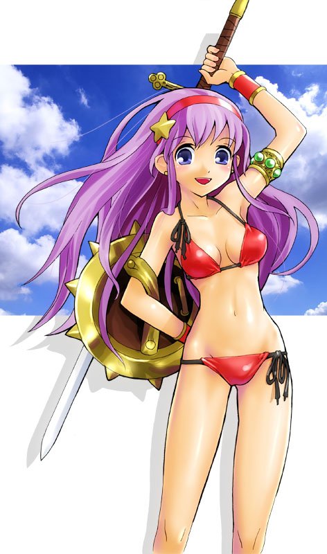 armor, asamiya_athena, athena_(series), bikini, bikini_armor, blush, breasts, cloud