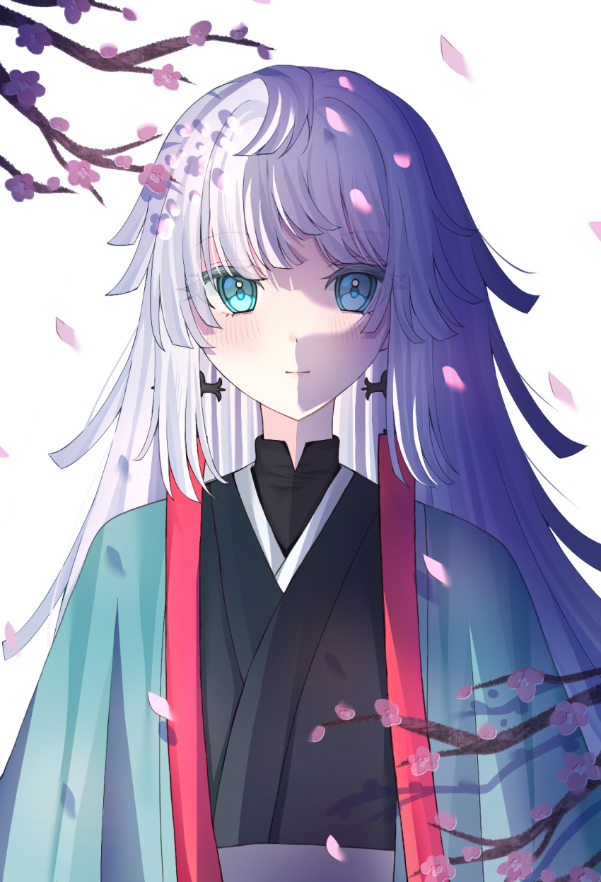 1girl, blue_eyes, blush, branch, earrings, falling_petals, fate/grand_order, fate/samurai_remnant