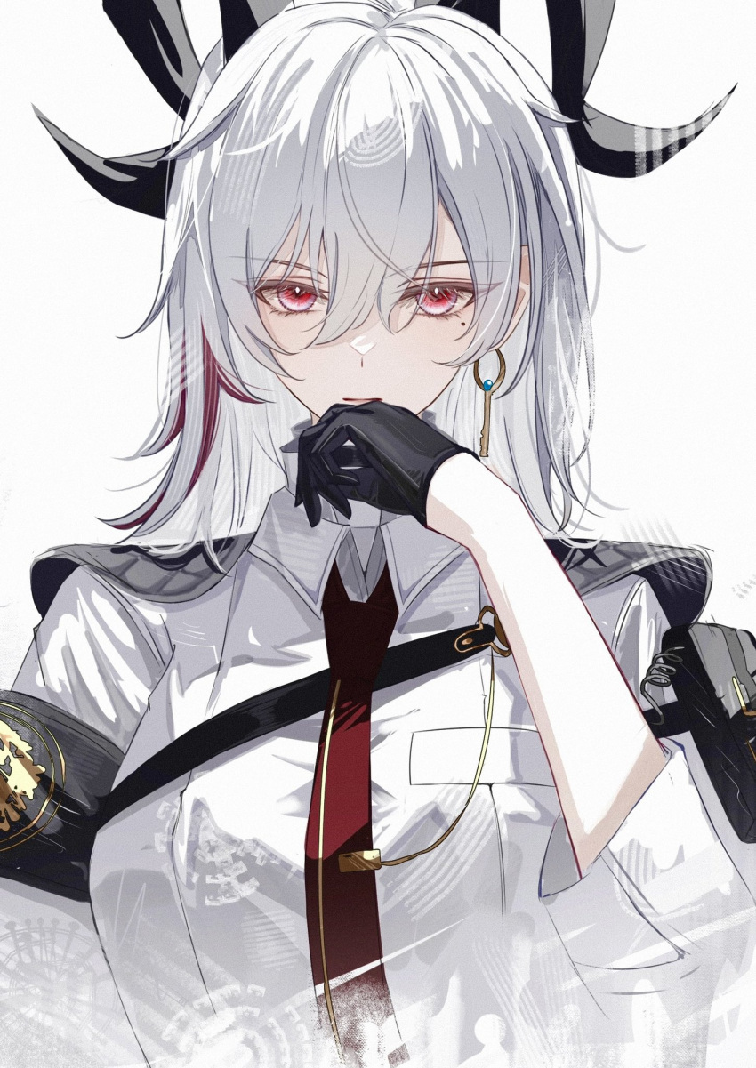 1girl, arm_pouch, armband, black_armband, black_gloves, black_horns, black_jacket, black_pouch