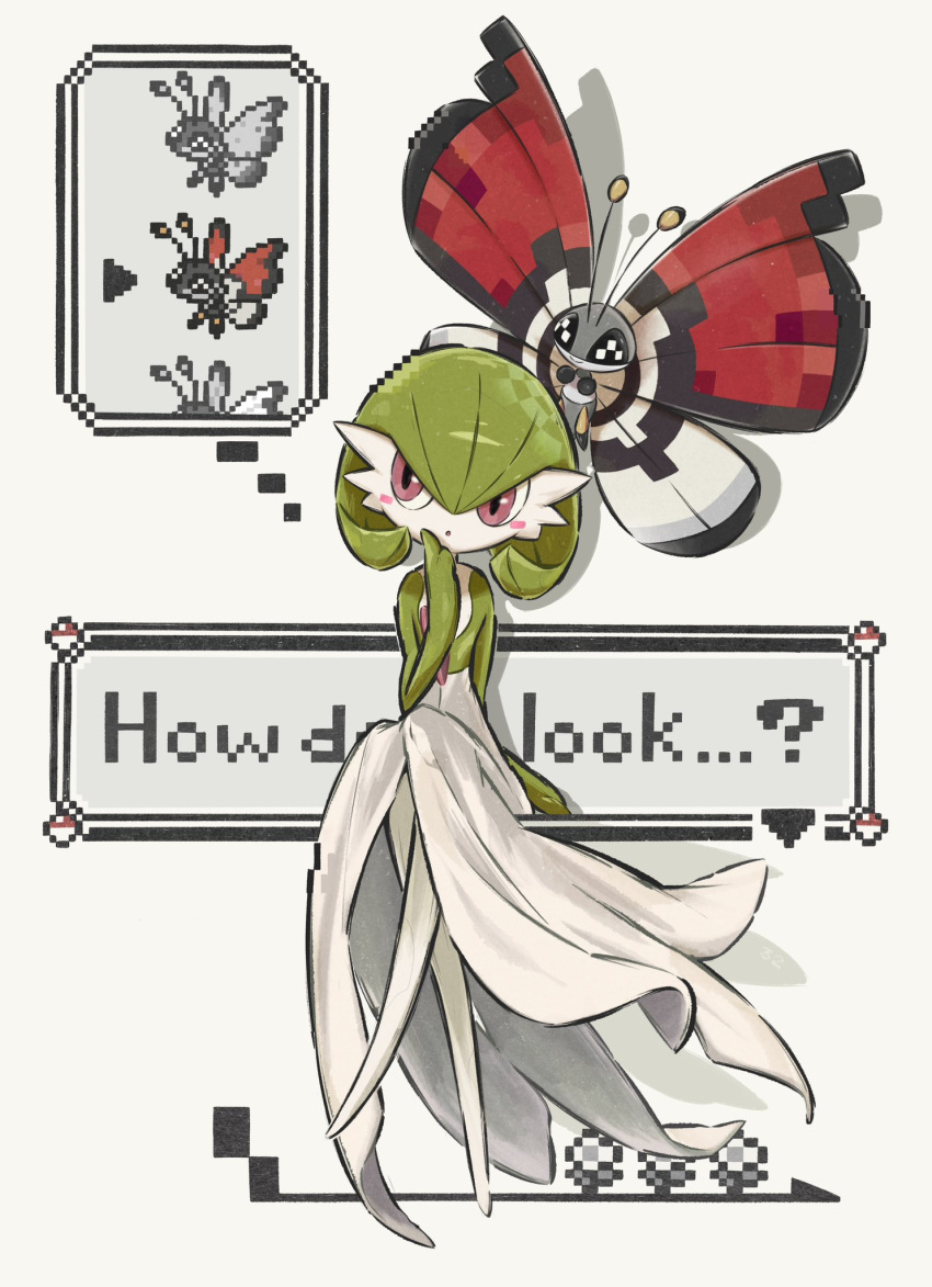 blush_stickers, colored_skin, commentary_request, english_text, gardevoir, green_hair, hair_between_eyes, hand_up, highres, komugicorn, looking_to_the_side, pokemon, pokemon_(creature), pokemon_focus, sitting, thinking, violet_eyes, vivillon, vivillon_(poke_ball), white_background, white_skin