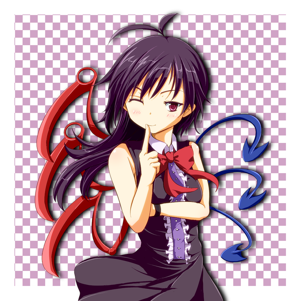 ahoge, alternate_hairstyle, black_dress, black_hair, dress, finger_to_mouth, houjuu_nue, long_hair