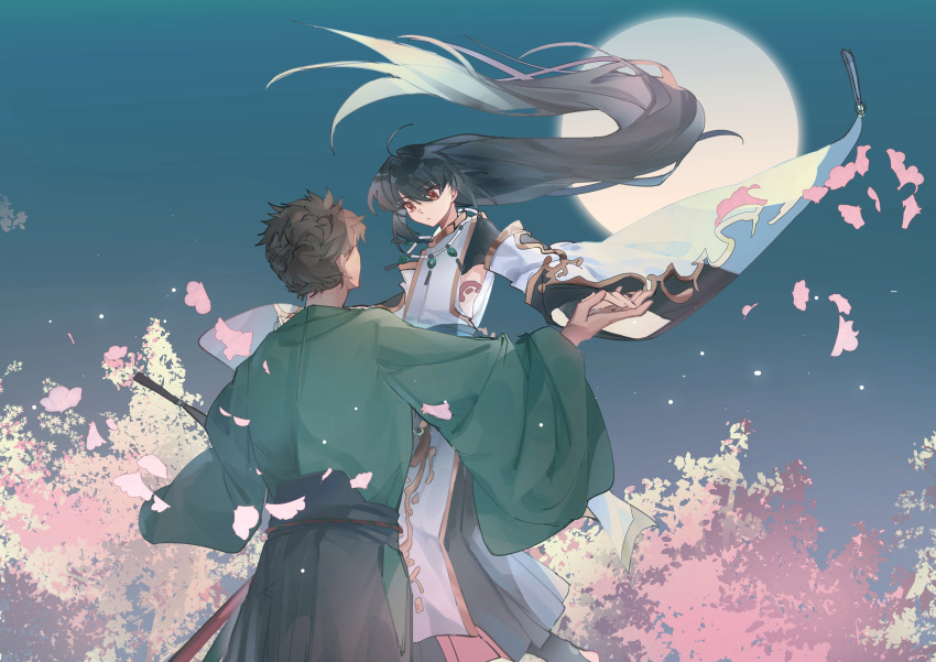 1boy, 1other, absurdres, ahoge, androgynous, back, black_hair, black_hakama