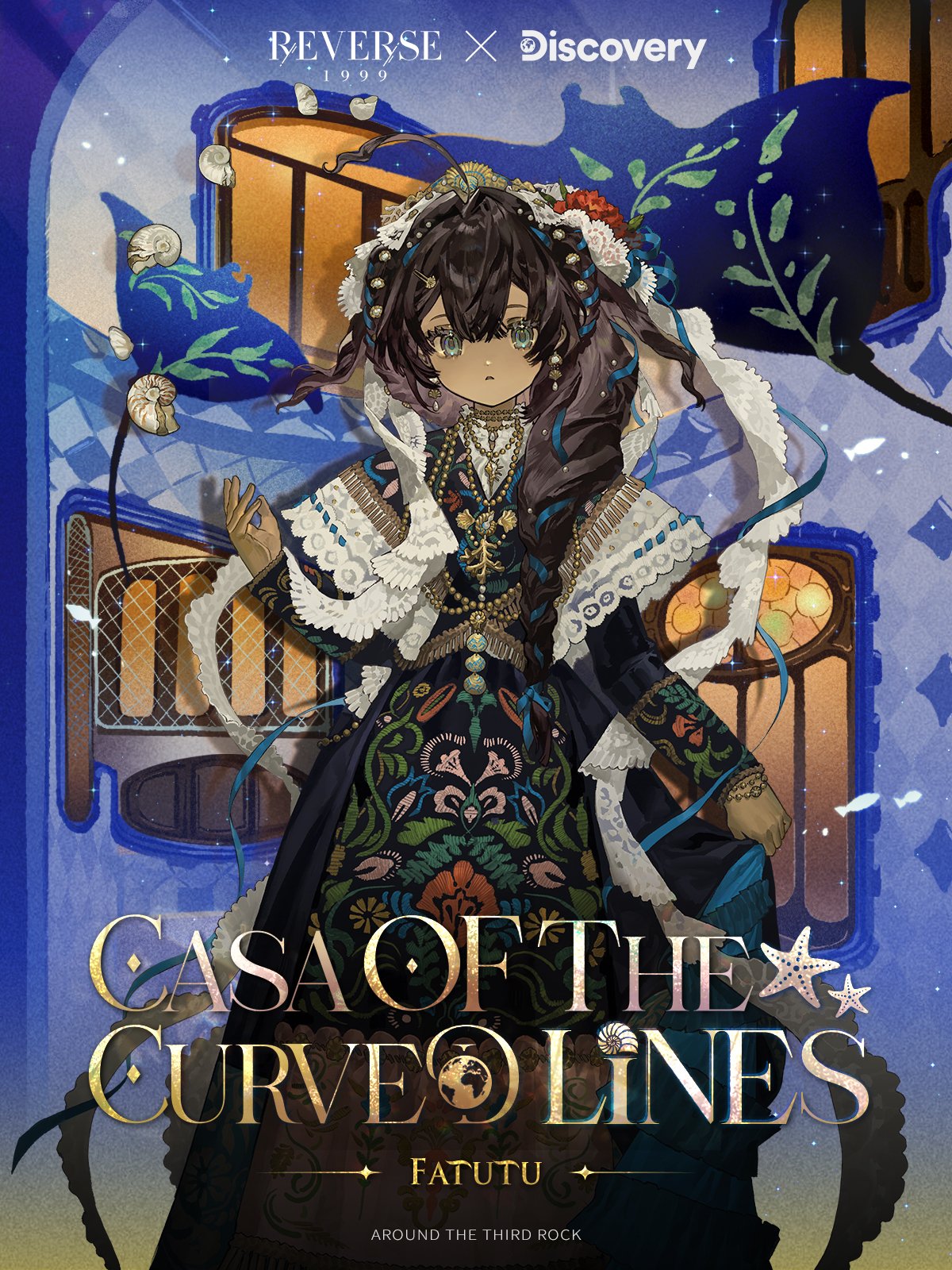 1girl, ahoge, bead_necklace, beads, black_cloak, black_dress, black_hair, blue_background