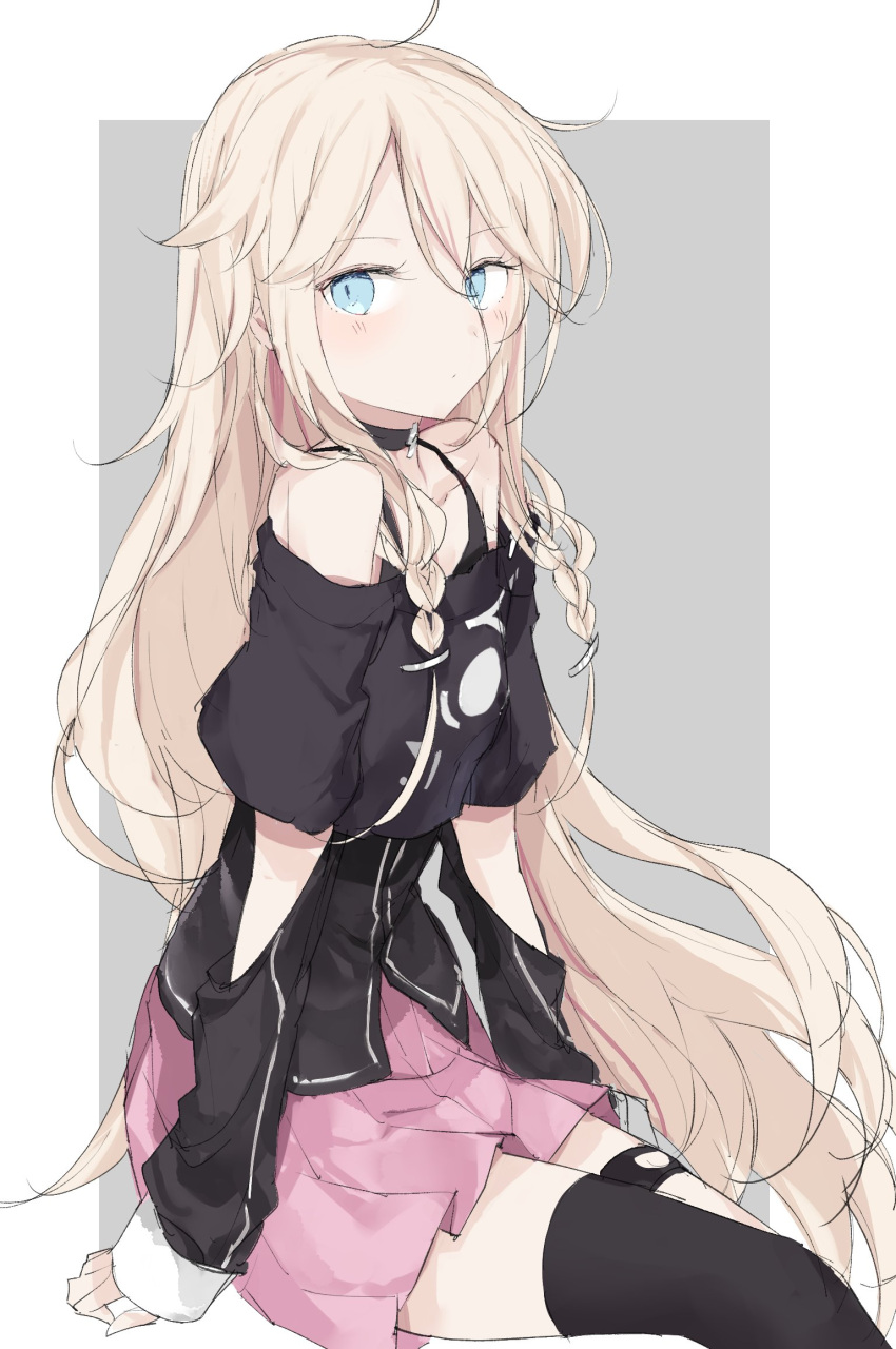 1girl, arms_at_sides, black_choker, black_shirt, black_thighhighs, blonde_hair, blue_eyes, braid