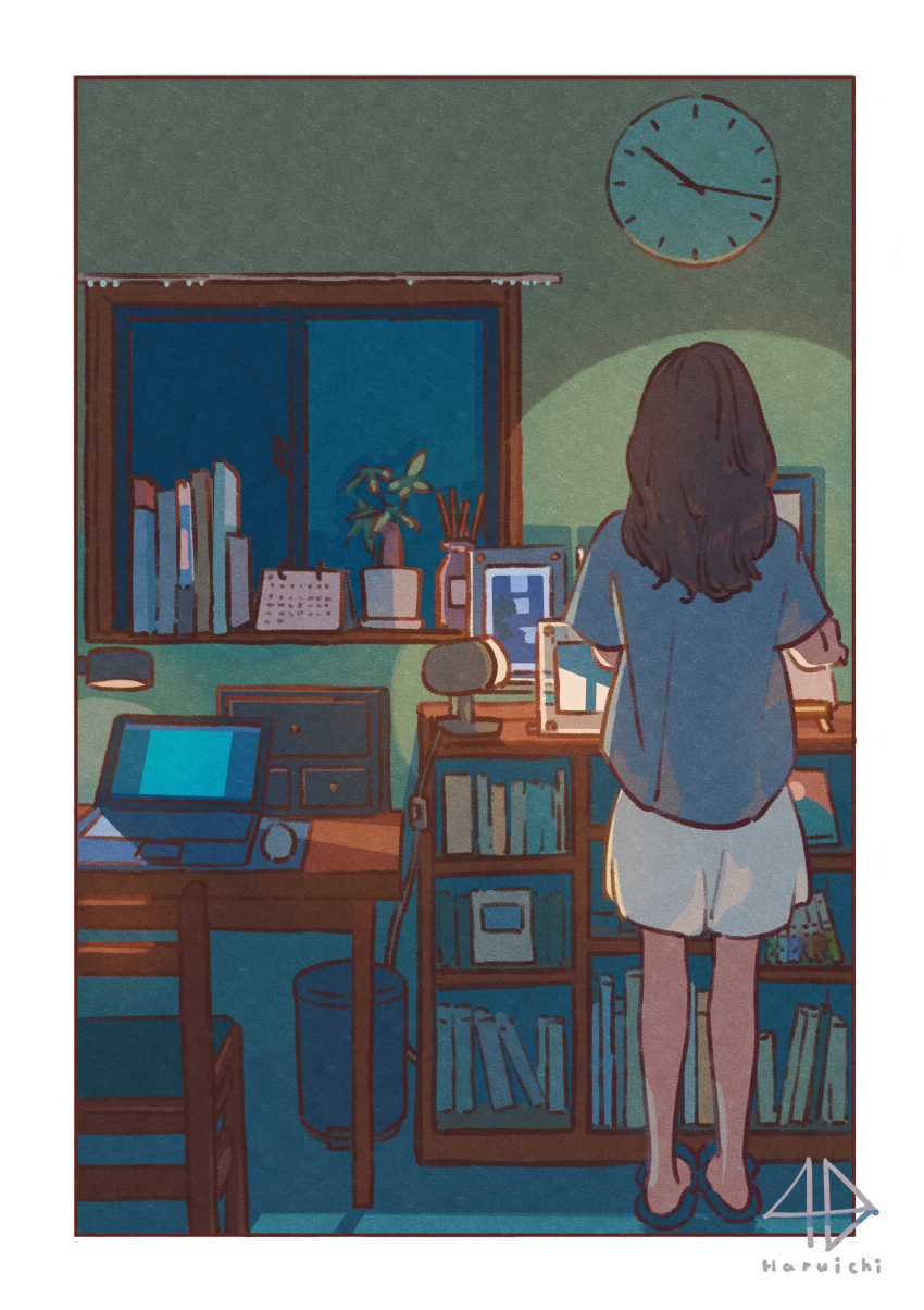 1girl, absurdres, analog_clock, artist_name, blue_shirt, book, bookshelf, border