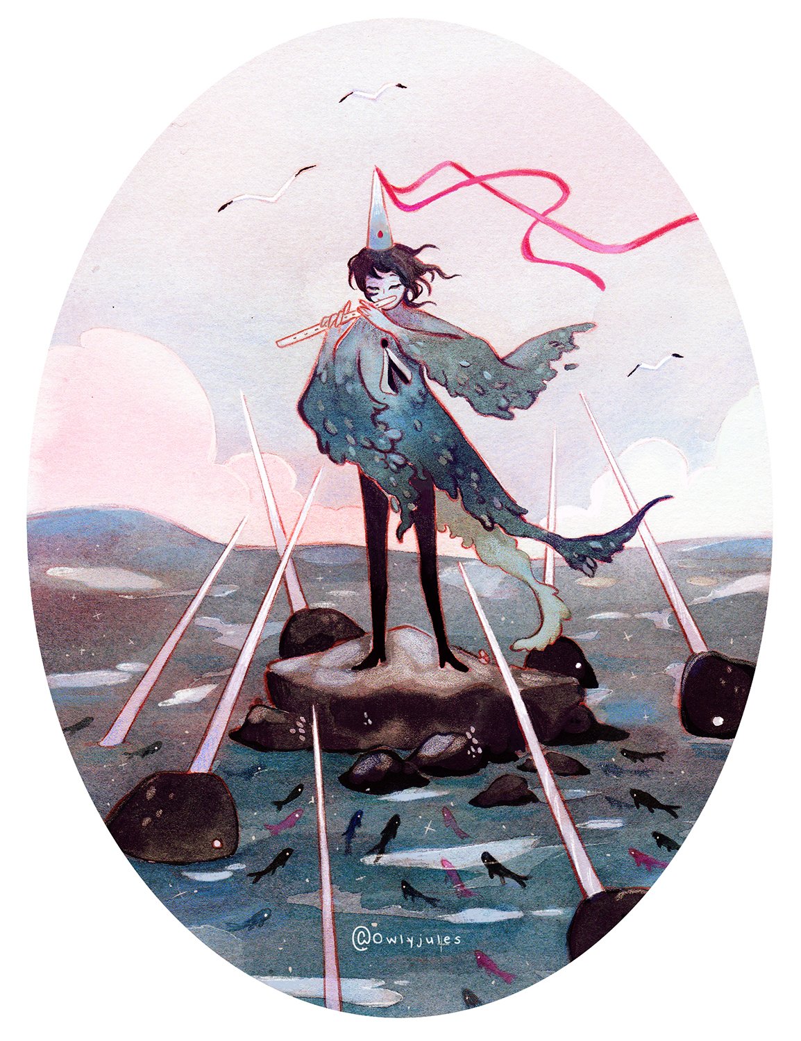 1boy, artist_name, black_hair, closed_eyes, clouds, commentary, english_commentary, fish