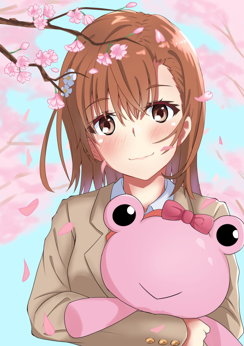1girl, asymmetrical_bangs, blazer, blush, branch, brown_eyes, brown_hair, brown_jacket