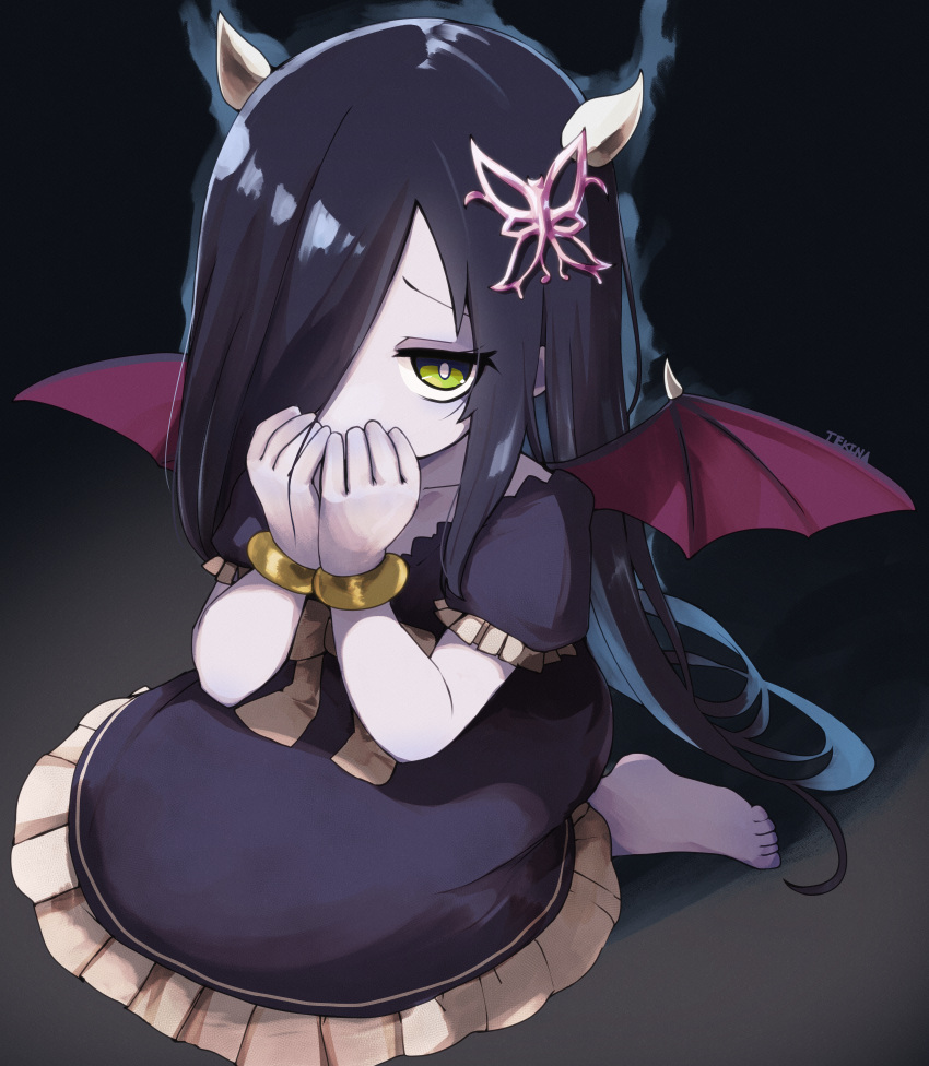 1girl, absurdres, artist_name, barefoot, black_hair, blue_dress, bow, bracelet