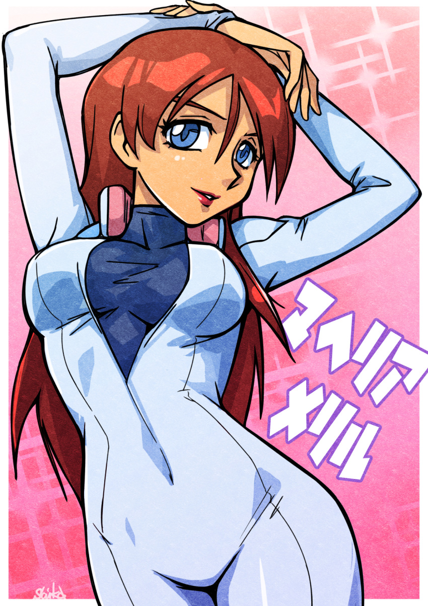 1girl, arms_on_head, artist_name, blue_eyes, bodysuit, breasts, brown_hair, character_name