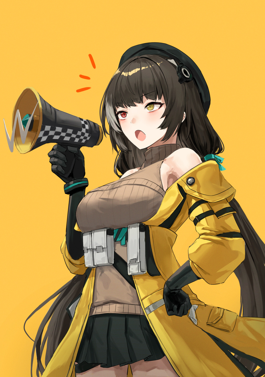 1girl, :o, absurdres, bare_shoulders, black_gloves, black_skirt, breasts, brown_hair