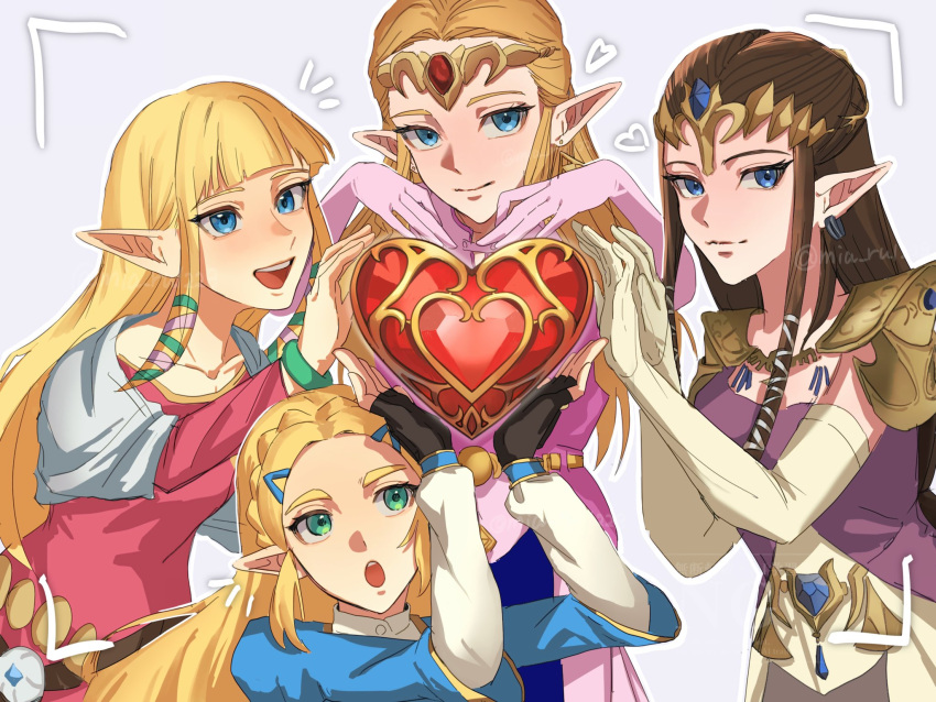 4girls, armor, black_gloves, blonde_hair, blue_eyes, braid, brown_hair, crown_braid