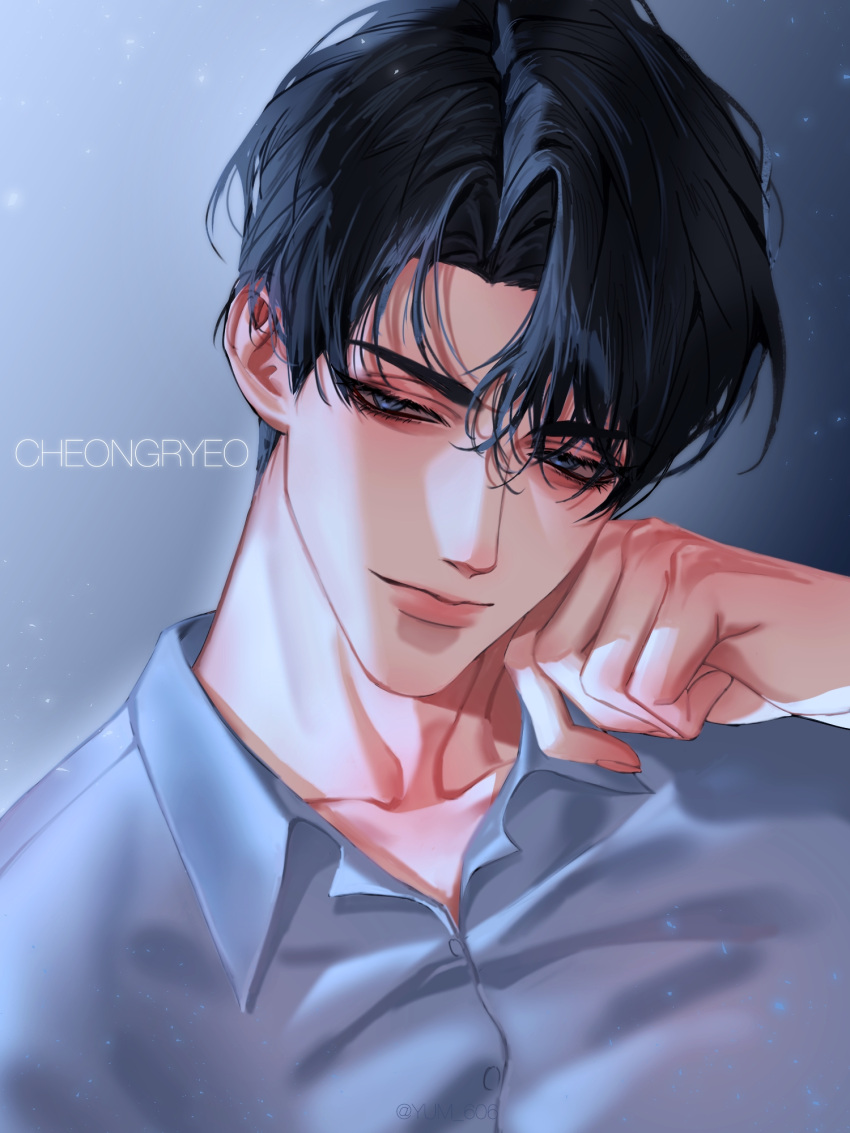 1boy, black_hair, blue_eyes, character_name, cheongryeo, closed_mouth, collarbone, collared_shirt