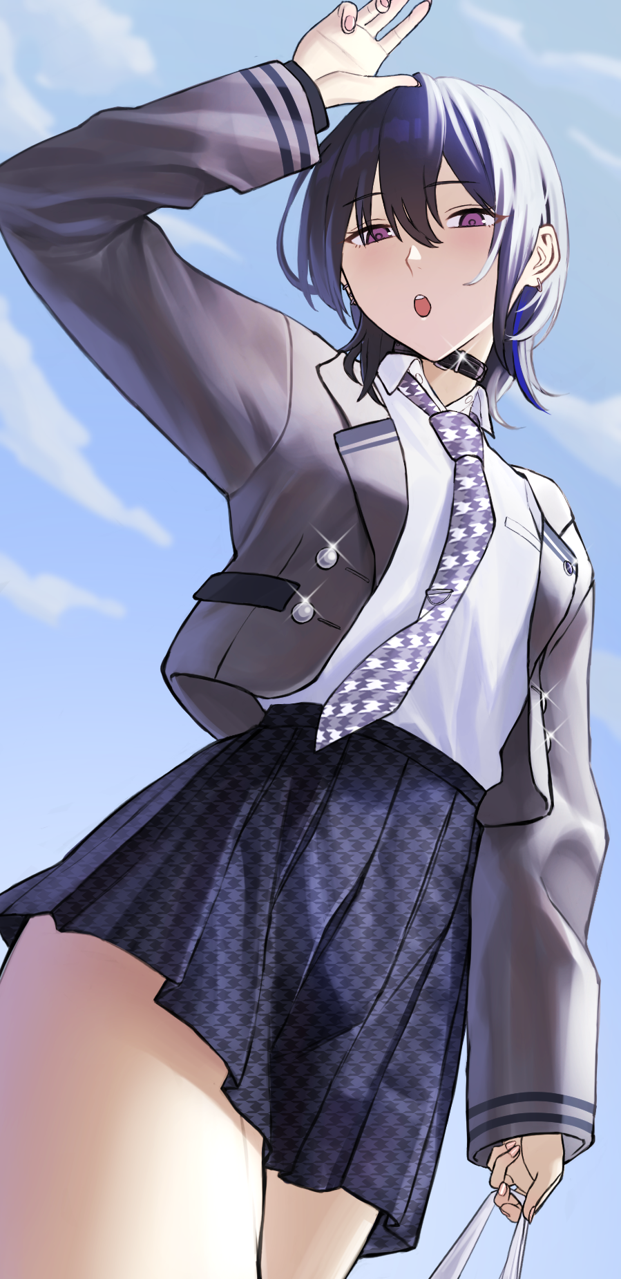 1girl, arm_up, bag, belt_collar, black_choker, black_hair, blazer, blue_hair